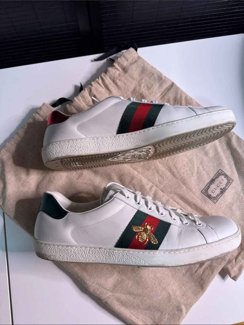 Gucci White Leather Sneakers with Red & Green Web and Gold Bee